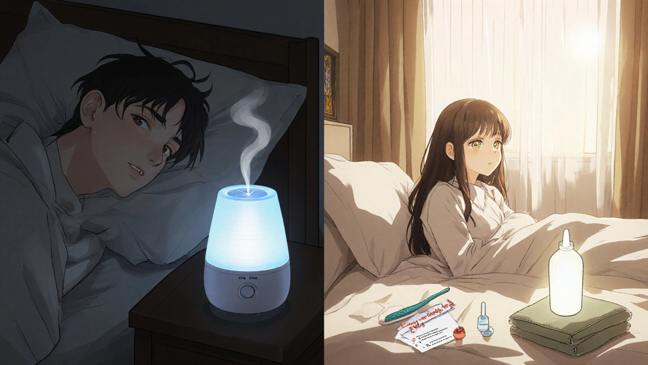A person waking up with clear eyes, a humidifier nearby, and a daily routine checklist glowing gently in morning light.