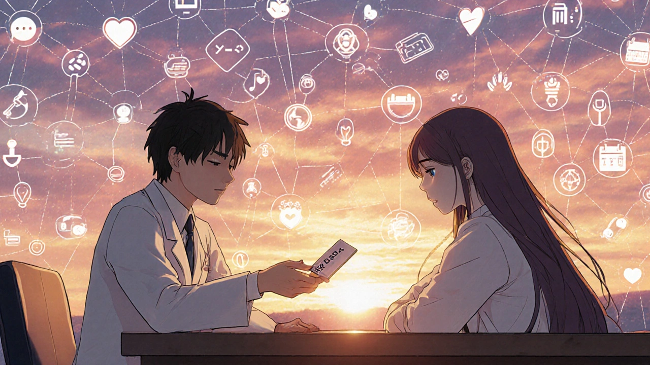 A pharmacist giving a patient a reminder card as a digital network fades into a sunset.