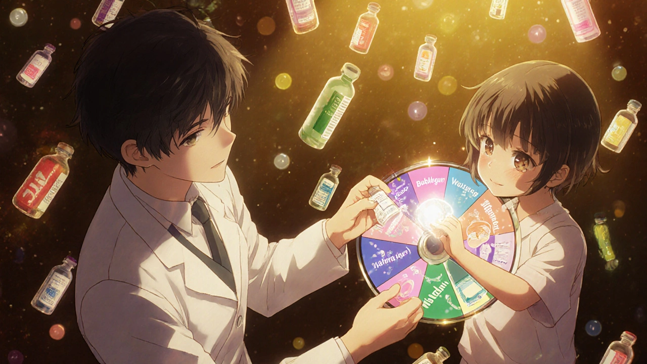 A pharmacist hands a child a medicine vial as they choose a flavor from a colorful wheel.