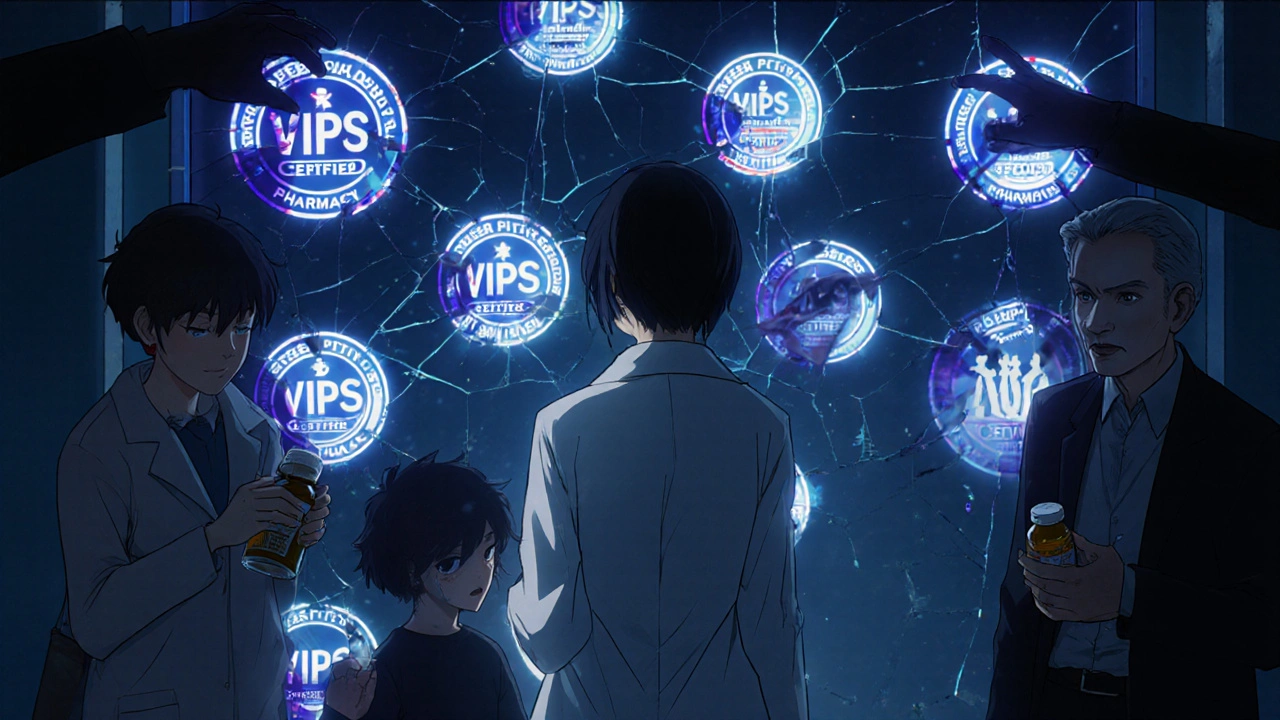 A pharmacist watches certified pharmacy logos shatter as fake sites replace them, while patients hold suspicious pills.