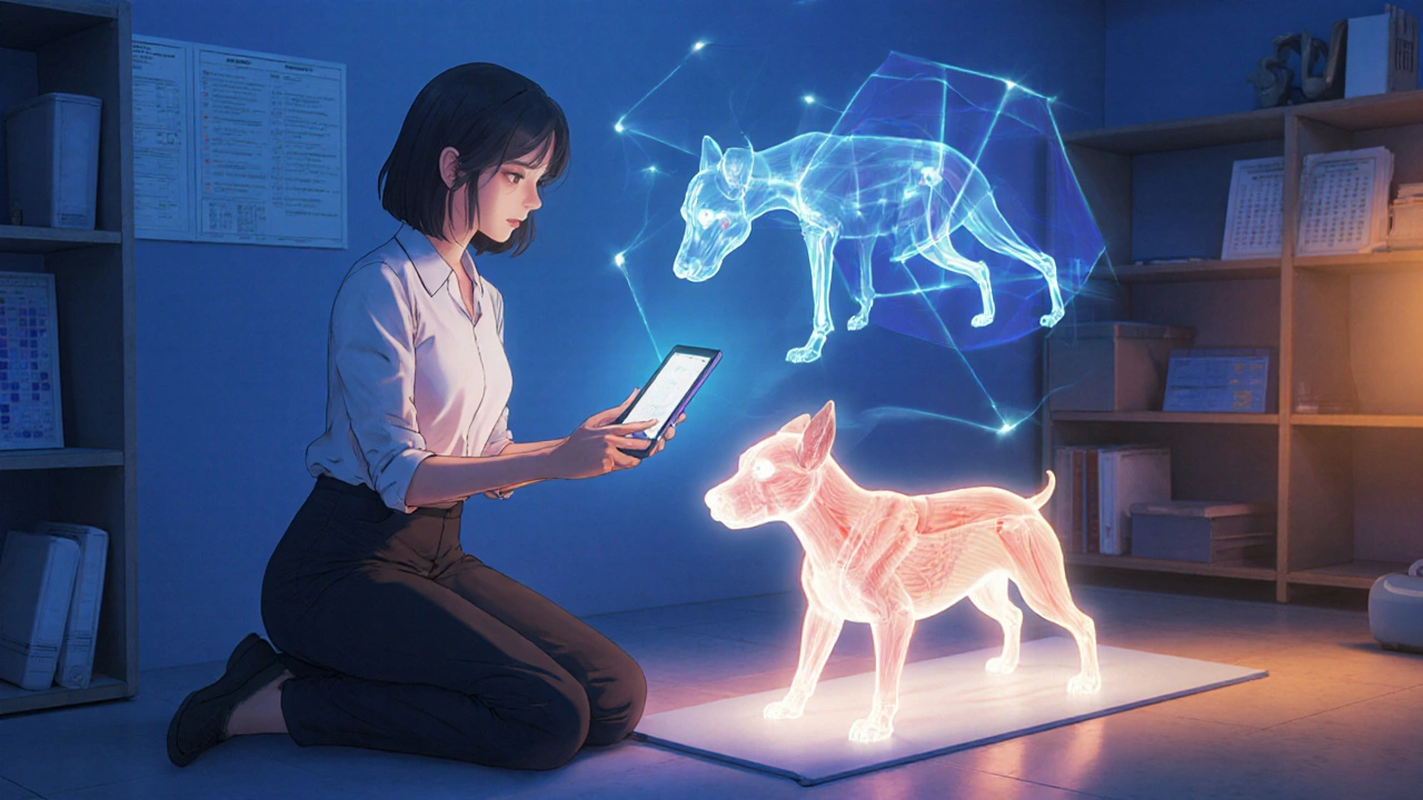 A physical therapist and patient using wearable tech with holographic movement feedback during therapy.