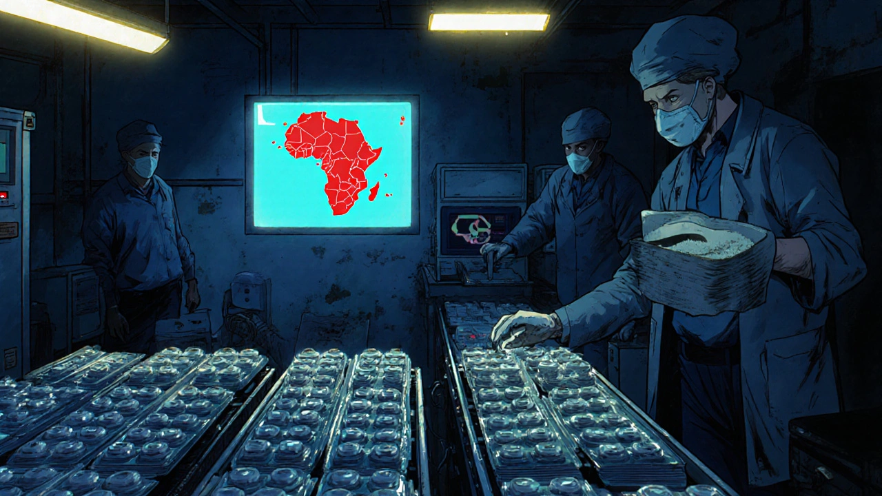 A secret drug lab produces fake antimalarials with holographic packaging under flickering lights, shadowy figures working in silence.