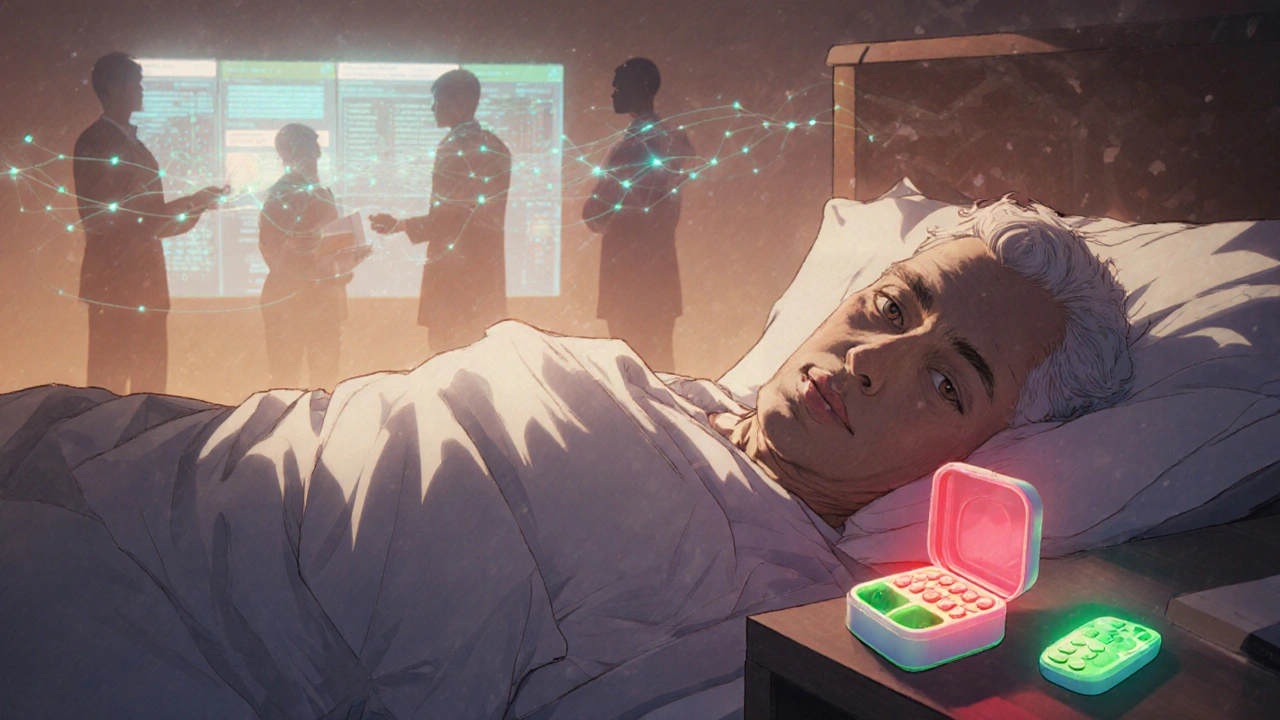 A smart pillbox with colored LEDs beside a sleeping man, cellular signals glowing in the air.
