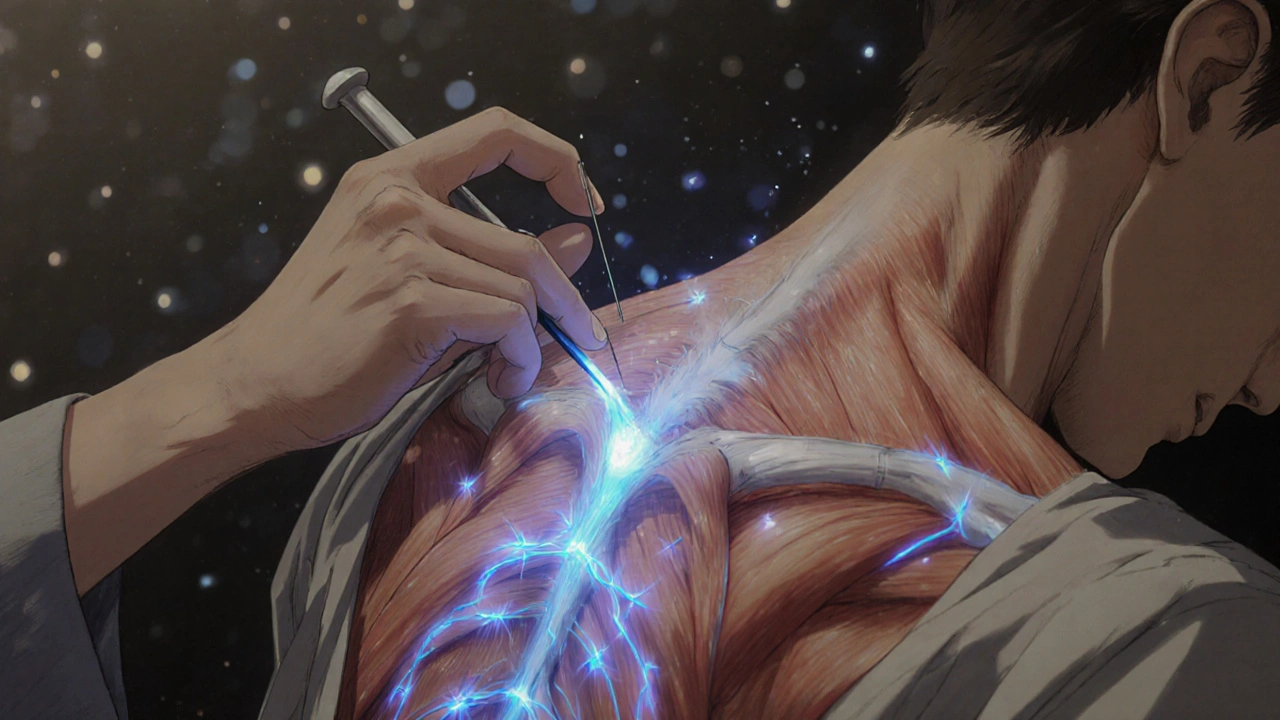 A therapist performing dry needling on a patient&#039;s upper back with electric blue energy pulses.