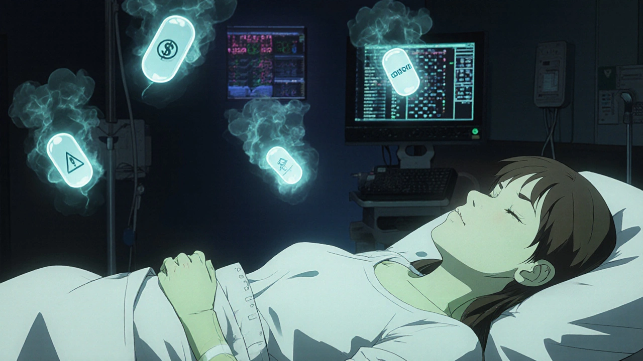 A woman lies unconscious in a hospital as ghostly counterfeit pills float above her, dissolving into dollar signs.