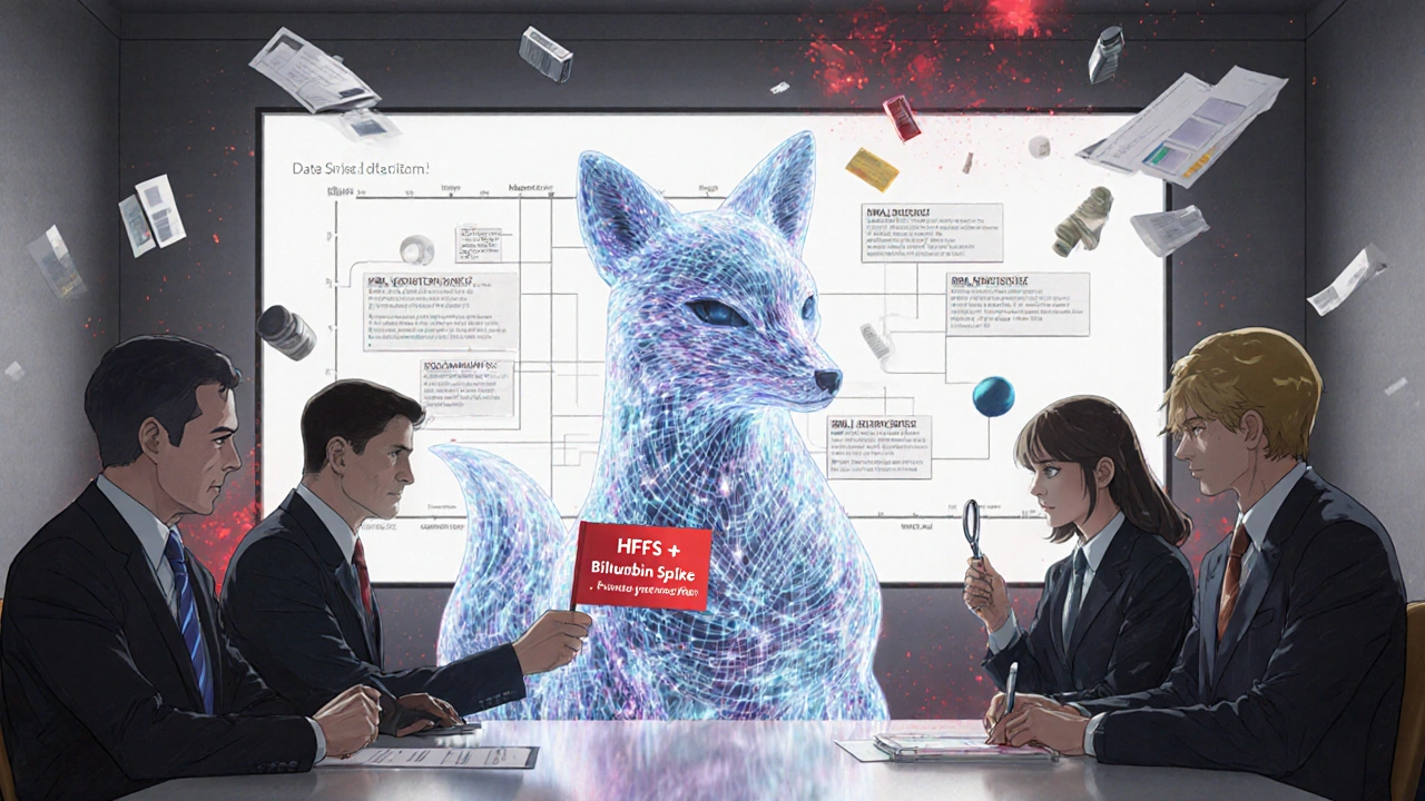 AI model shaped like a fox presenting data streams to regulatory officials in a futuristic hearing.