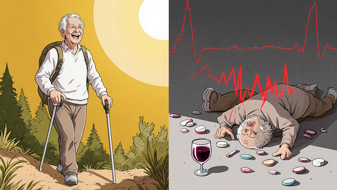 An elderly person transformed from active hiker to collapsed figure, surrounded by spilled pills and wine, with red heartbeat lines.