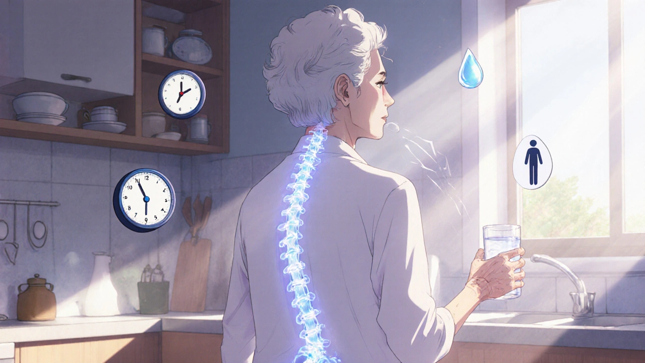 An elderly woman standing upright after taking osteoporosis medication, with light and medical symbols emphasizing proper dosing ritual.