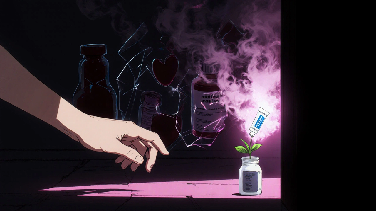 Arm reaching for topical gel as NSAID bottles shatter into smoke shaped like health threats.