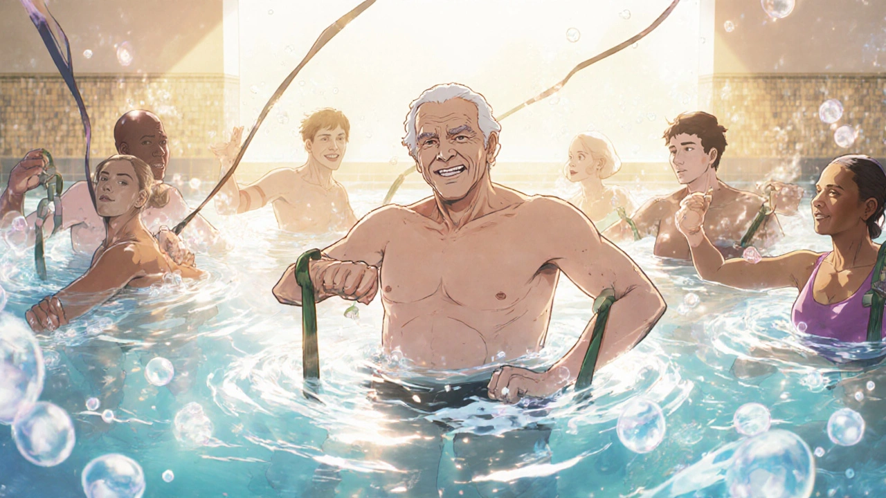 Diverse patients moving gently in a warm pool, water rippling around them as they regain mobility.