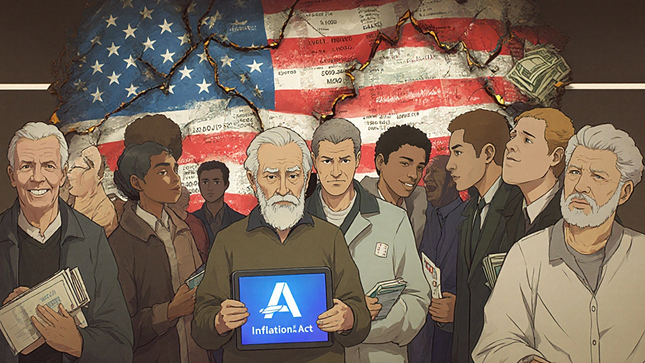 Diverse patients wait in line at a pharmacy, their shadows turning into stock charts as the Inflation Reduction Act glows above.