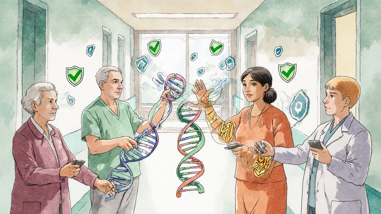 Diverse people in a clinic, each with personalized medication pathways flowing from their DNA strands.