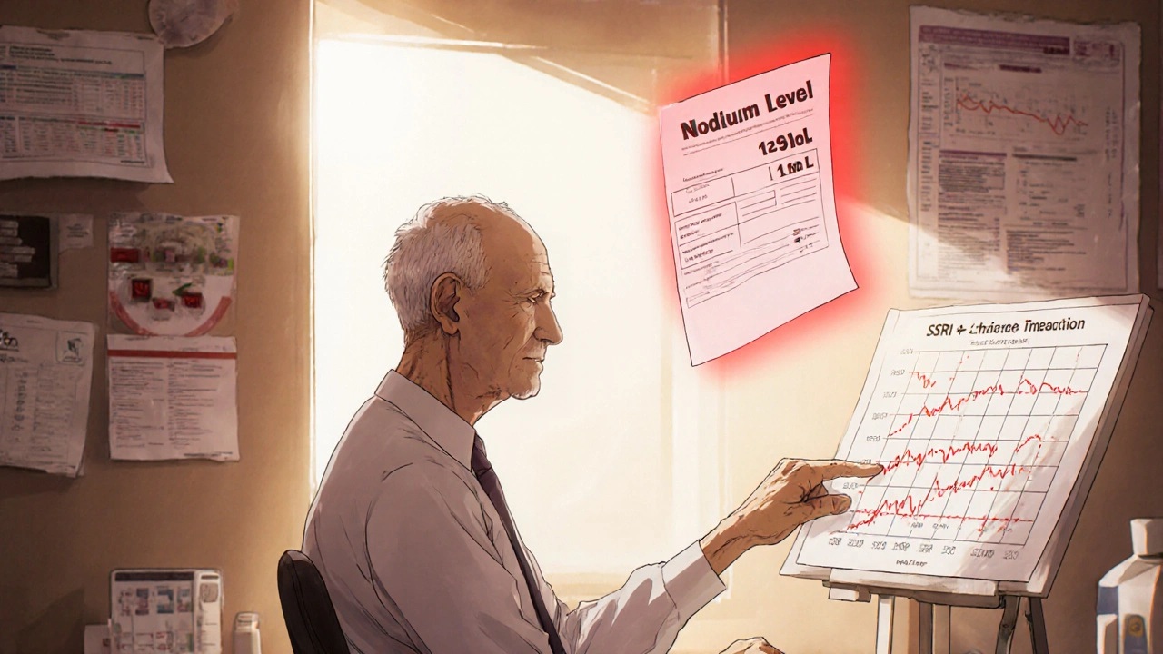Elderly man in doctor&#039;s office with glowing blood test showing low sodium, pharmacist pointing to medication interaction chart.
