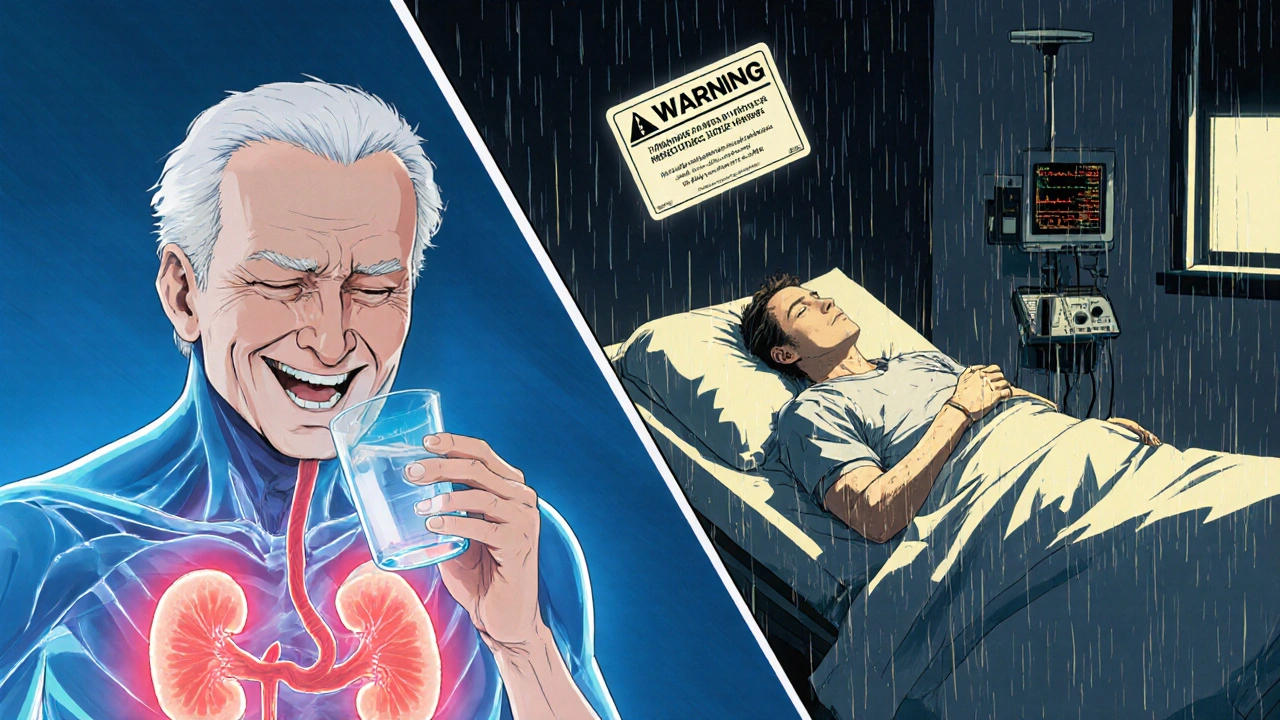 Elderly man taking naproxen, with internal organs showing damage as he collapses in ER.