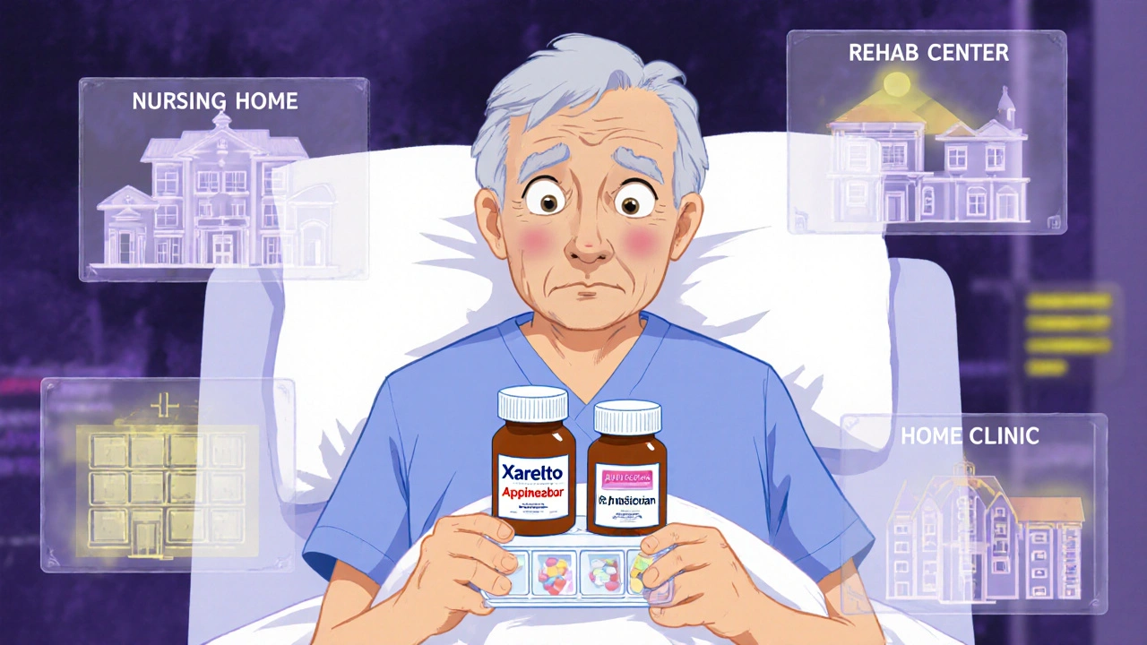 Elderly patient surrounded by ghostly institution windows showing conflicting drug labels.