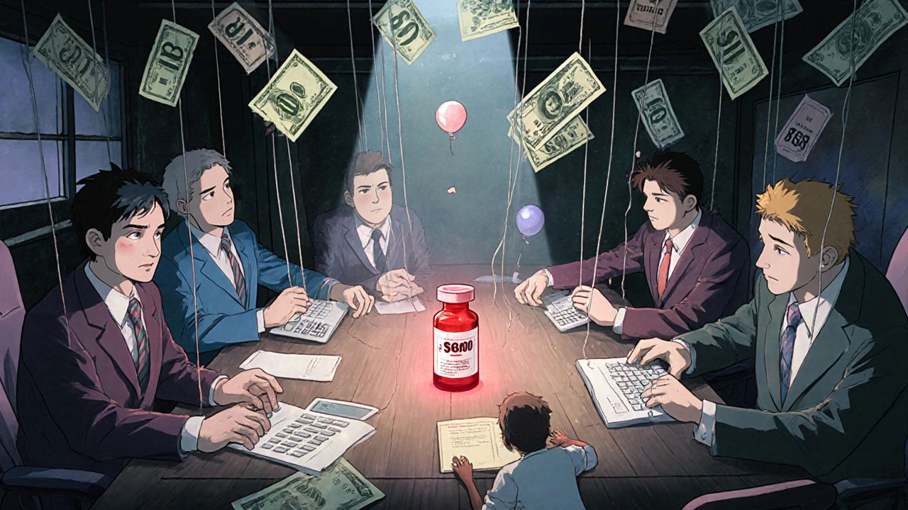Giant PBMs made of money control tiny patients and doctors, with a glowing insulin vial at the center of chaos.