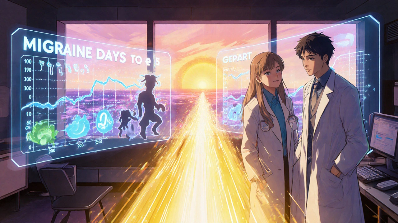 Holographic medical chart showing migraine days dropping as antibodies defeat migraine monsters.