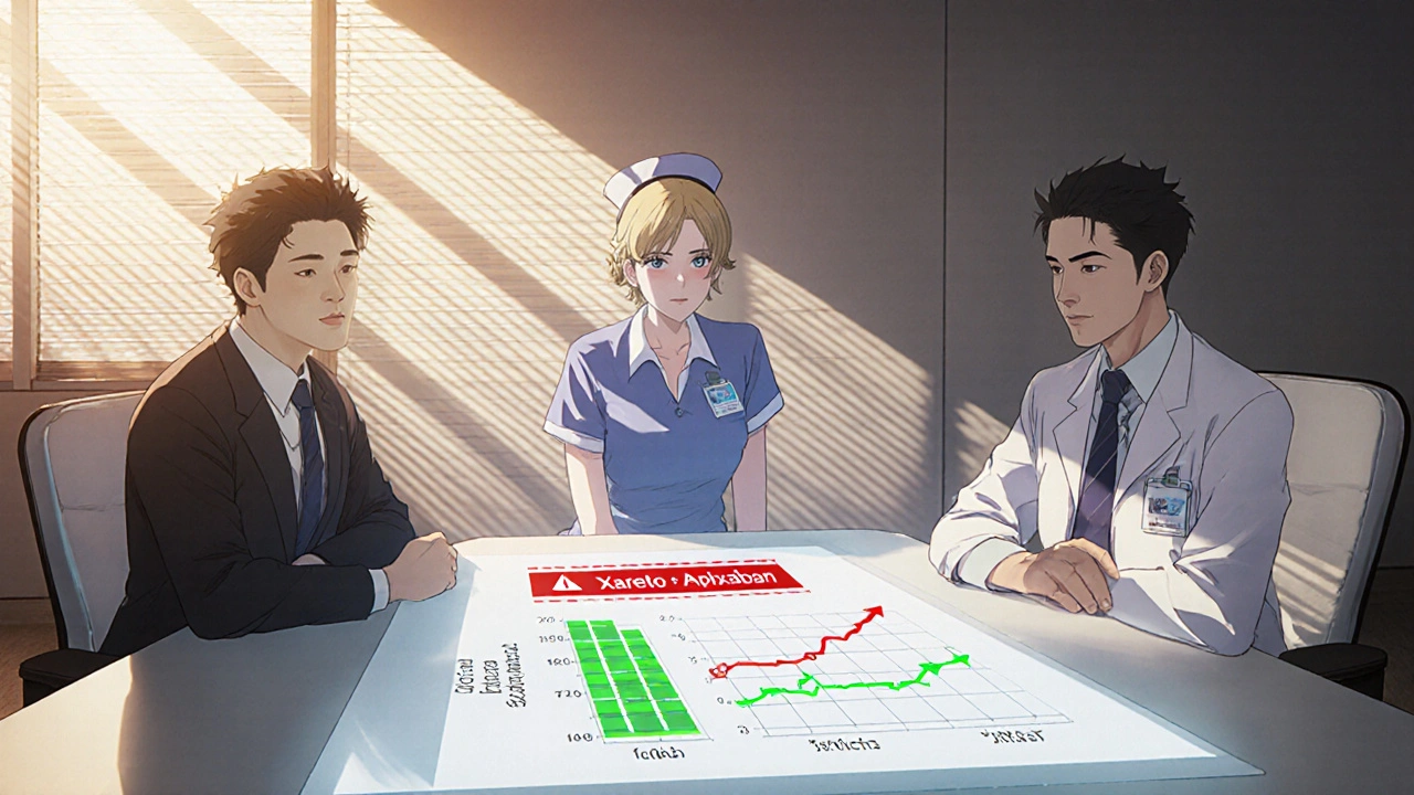Medical committee reviewing patient outcome data on a holographic table at dawn.