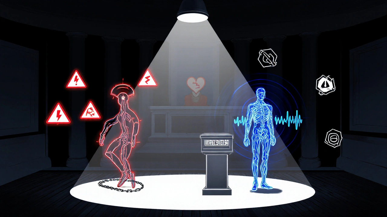 Opioid pills on trial in a surreal body courtroom, defeated by glowing new pain drug Journavx.