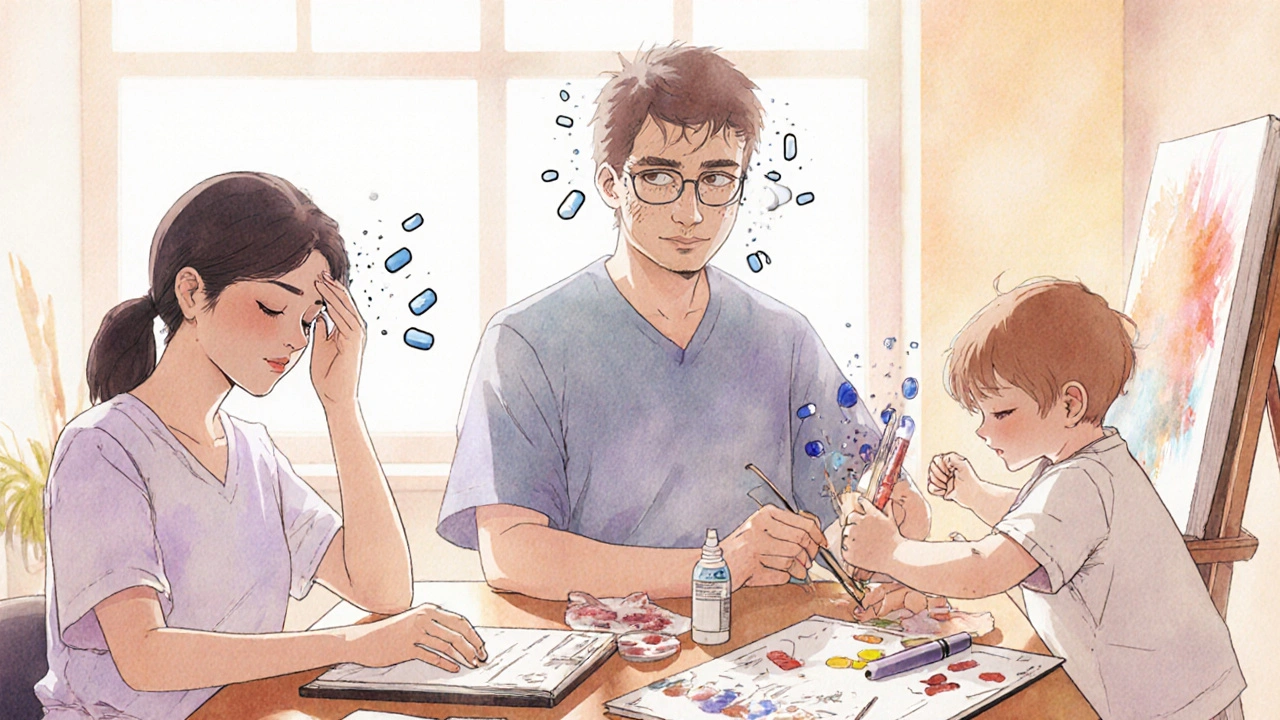 Patients in daily life with fading migraine lines, protected by floating inhibitor pills and pens.