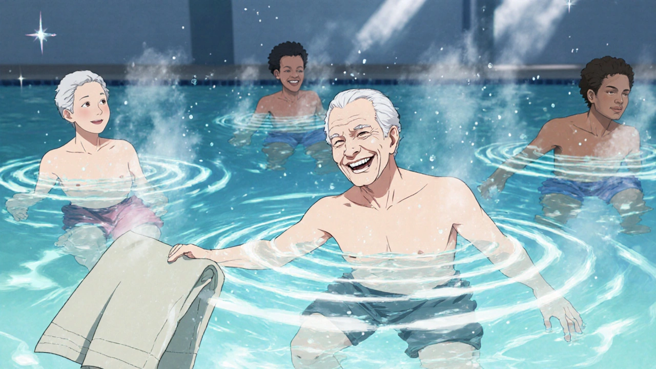 Patients moving gently in a warm aquatic therapy pool, glowing water ripples, soft steam and sunlight reflections.