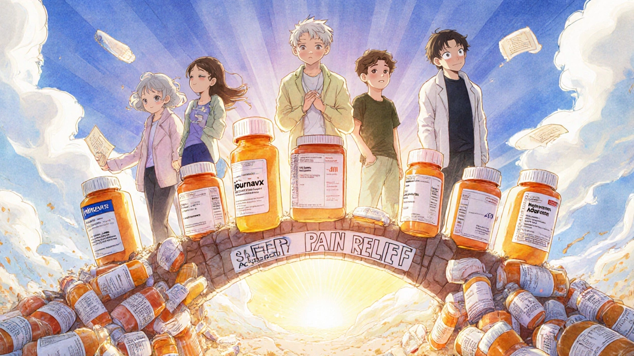 Patients walking away from collapsing opioid pills toward a bright path of safer pain relief options.