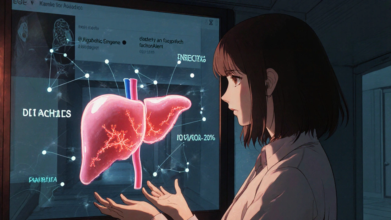 Pharmacovigilance specialist examining a holographic liver with rising enzyme levels and patient forum alerts.