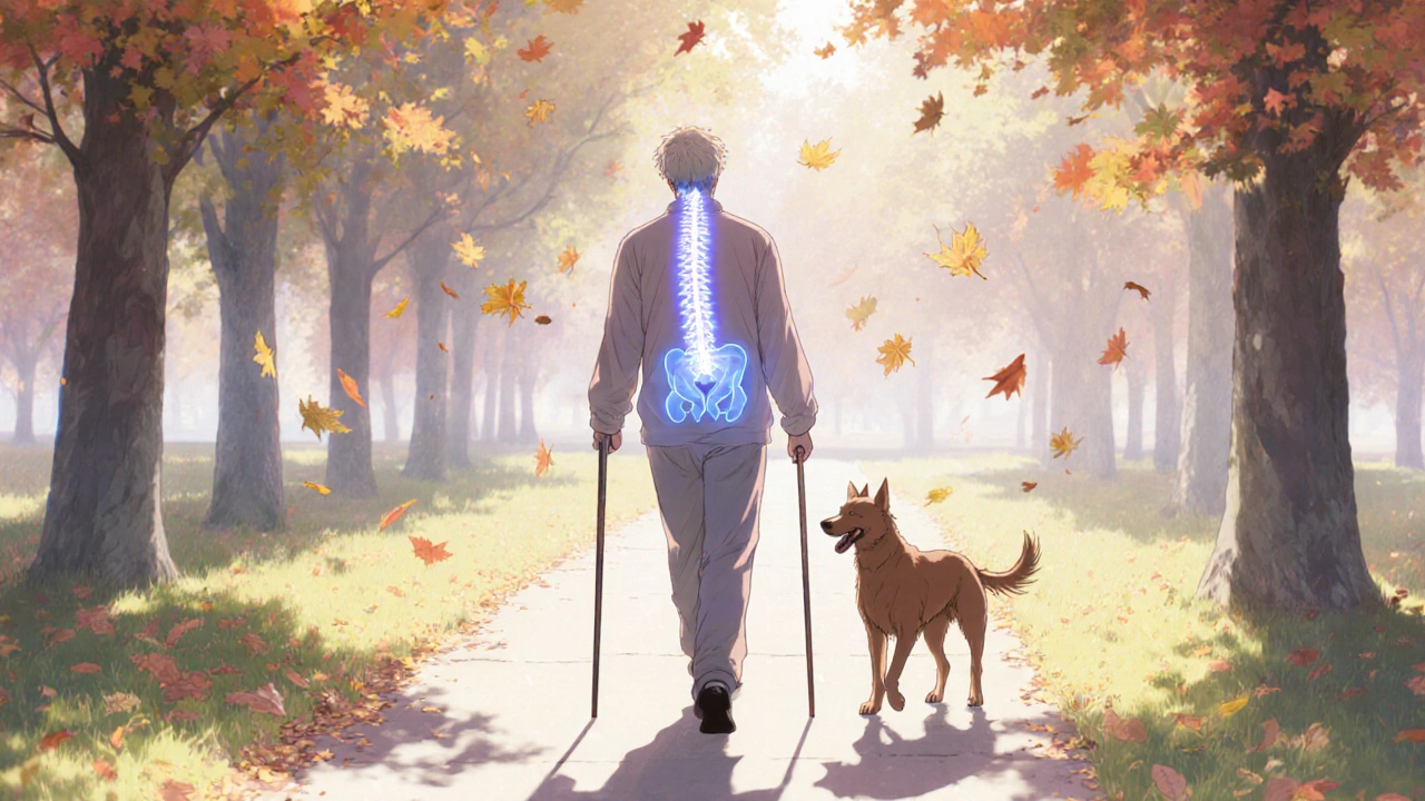 Post-surgery patient walking confidently in a park with a dog, symbolizing recovery and renewed mobility.