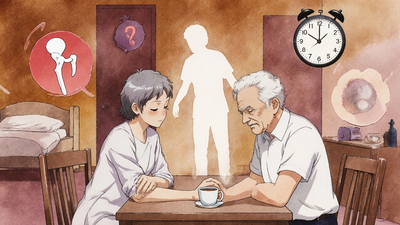 Senior couple at kitchen table, ghostly falling silhouette behind man, symbols of fall and hospital floating nearby.