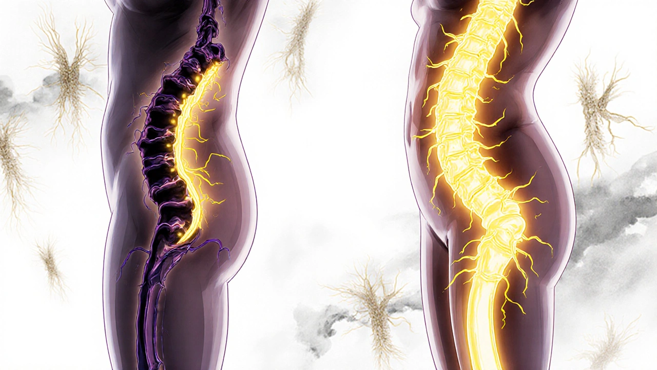 Side-by-side anatomical visualization of spinal canal narrowing versus relief through forward bending.