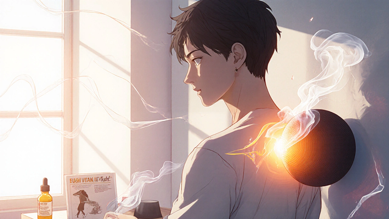 Someone using a lacrosse ball to release a trigger point at home, with warm light and corrected posture.