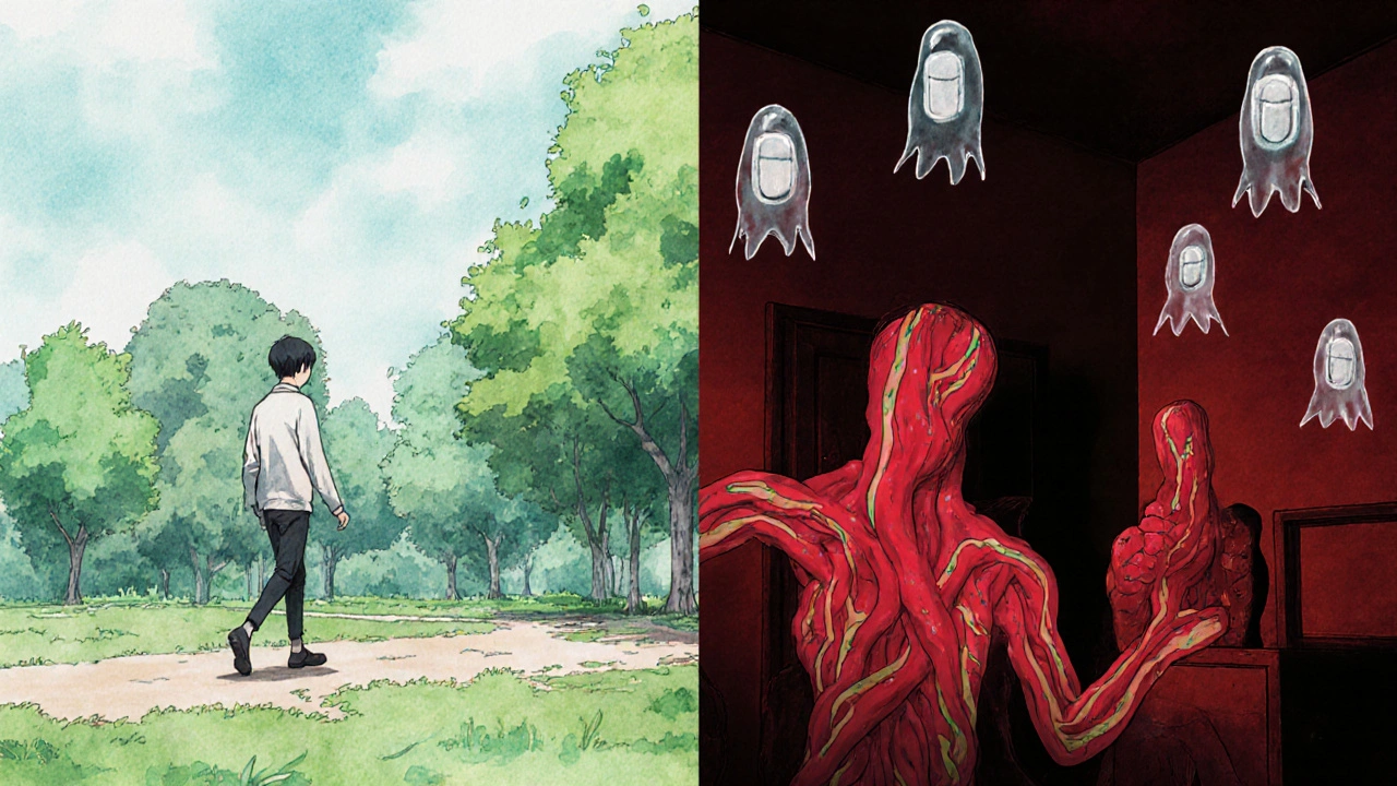 Split scene showing healthy vs. constricted blood vessels due to medications, with floating pills.