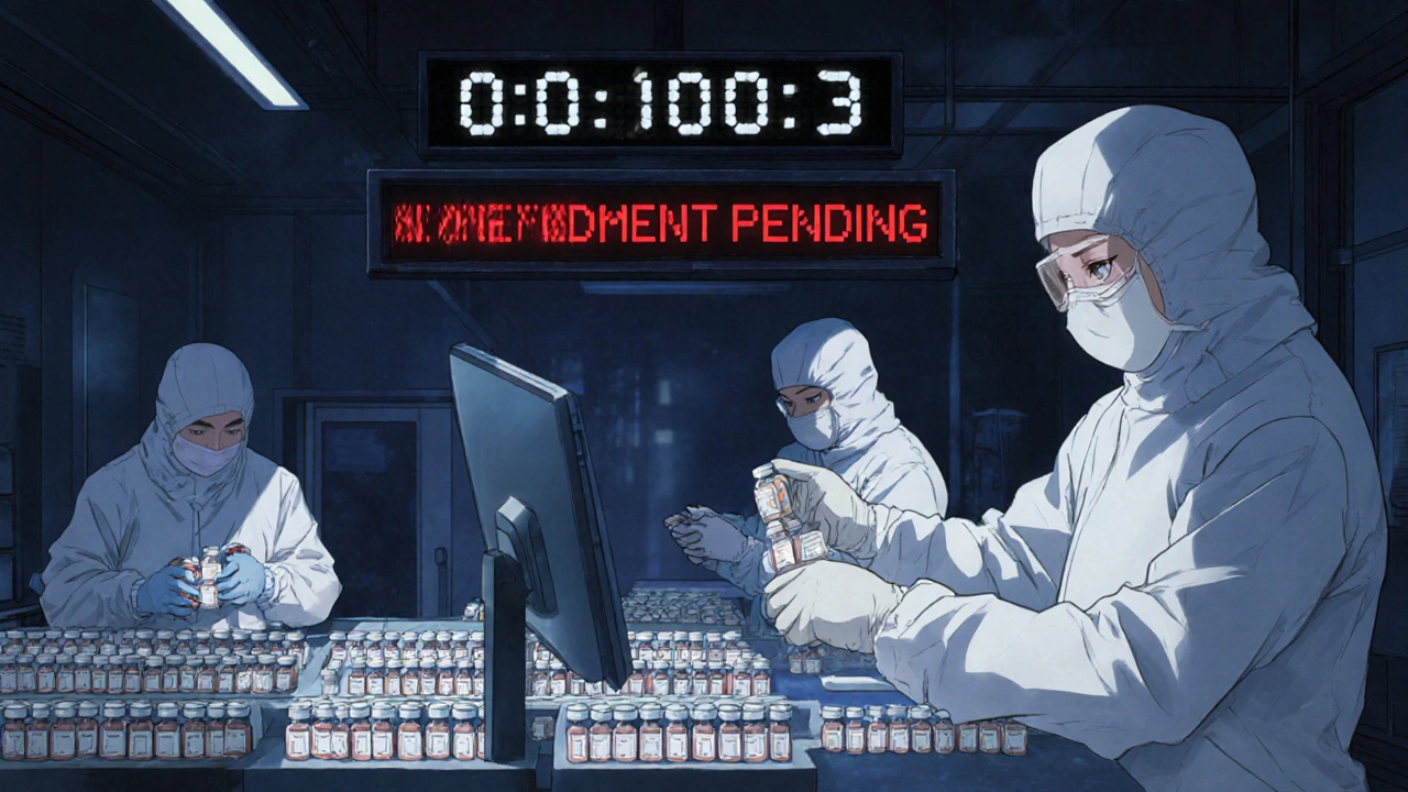 Workers pack generic drugs in a lab as a countdown clock ticks toward patent expiry, with an alert flashing &#039;AMENDMENT PENDING&#039;.