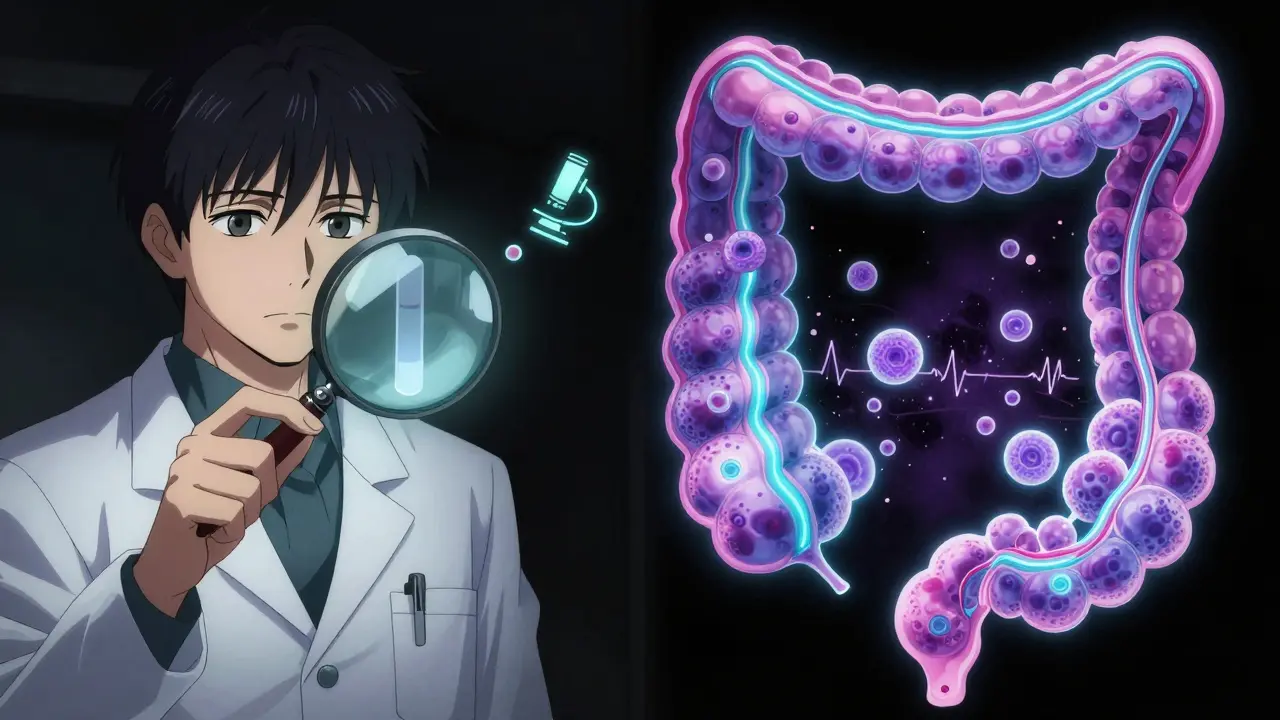 A colon biopsy appears normal to the eye but reveals inflamed collagen and lymphocytes in a glowing cross-section.