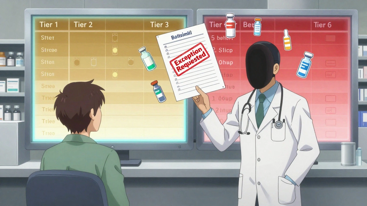 A doctor arguing with an insurance representative in a pharmacy, surrounded by floating drug tiers and a medical chart with an exception stamp.