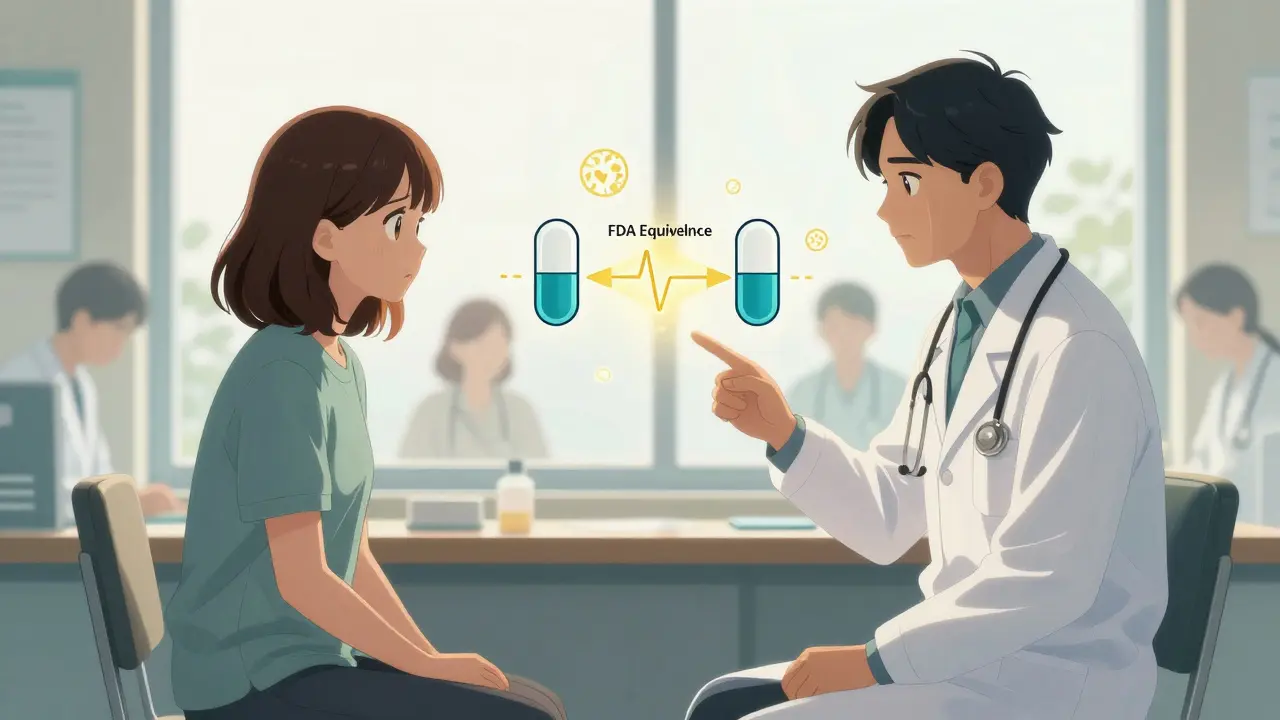 A doctor explains generic medication equivalence to a patient using a glowing diagram by a sunlit window.