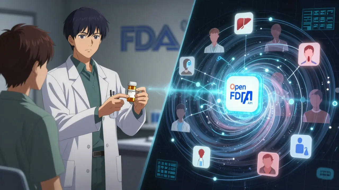 A doctor gives a prescription while floating icons of side effects connect to an OpenFDA API logo.