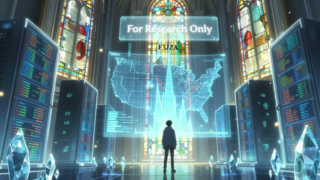 A figure stands before a holographic chart of drug side effect spikes inside a glowing data cathedral.