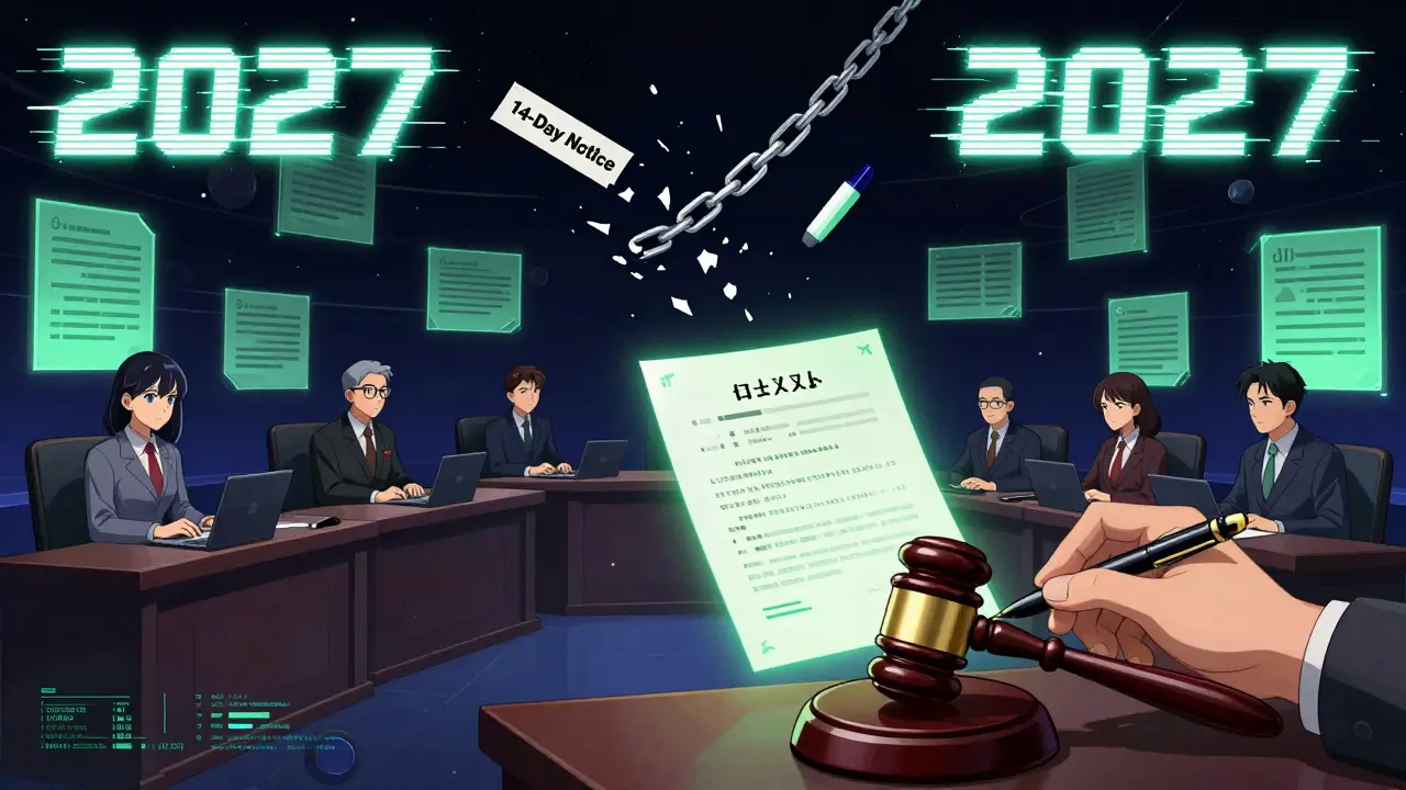 A futuristic digital courtroom with AI avatars, orbiting blockchain ledgers, and a falling notice chain in cyberpunk style.