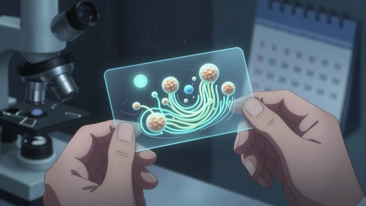 A microscope view of Malassezia yeast shaped like spaghetti and meatballs under medical light.