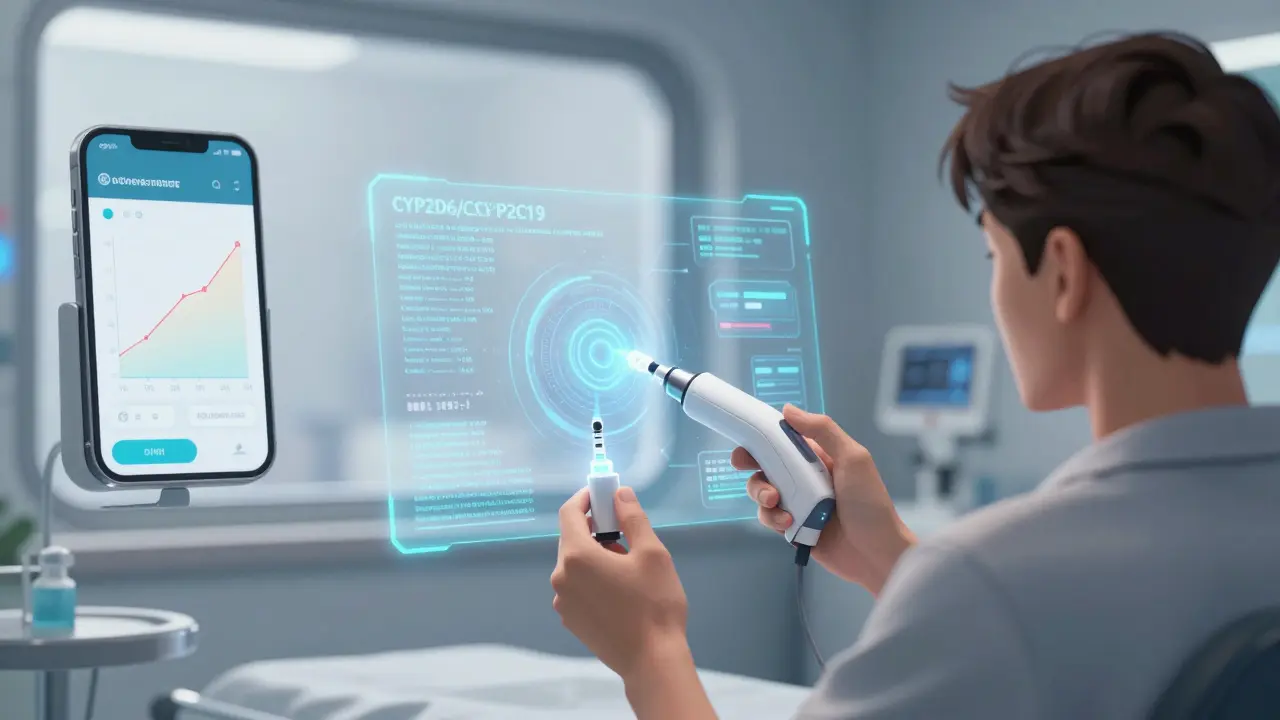 A patient receiving a monthly injection in a high-tech clinic, with holographic genetic data floating around them.