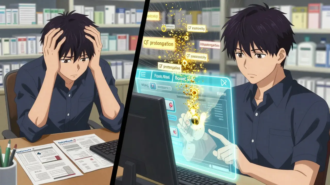 A pharmacist transitioning from confusion with printed pages to using a holographic FDALabel interface with floating medical terms.