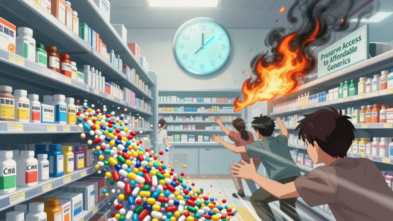 A wave of generic pills floods a pharmacy shelf, overwhelming a single brand-name drug as a countdown clock ticks to zero.