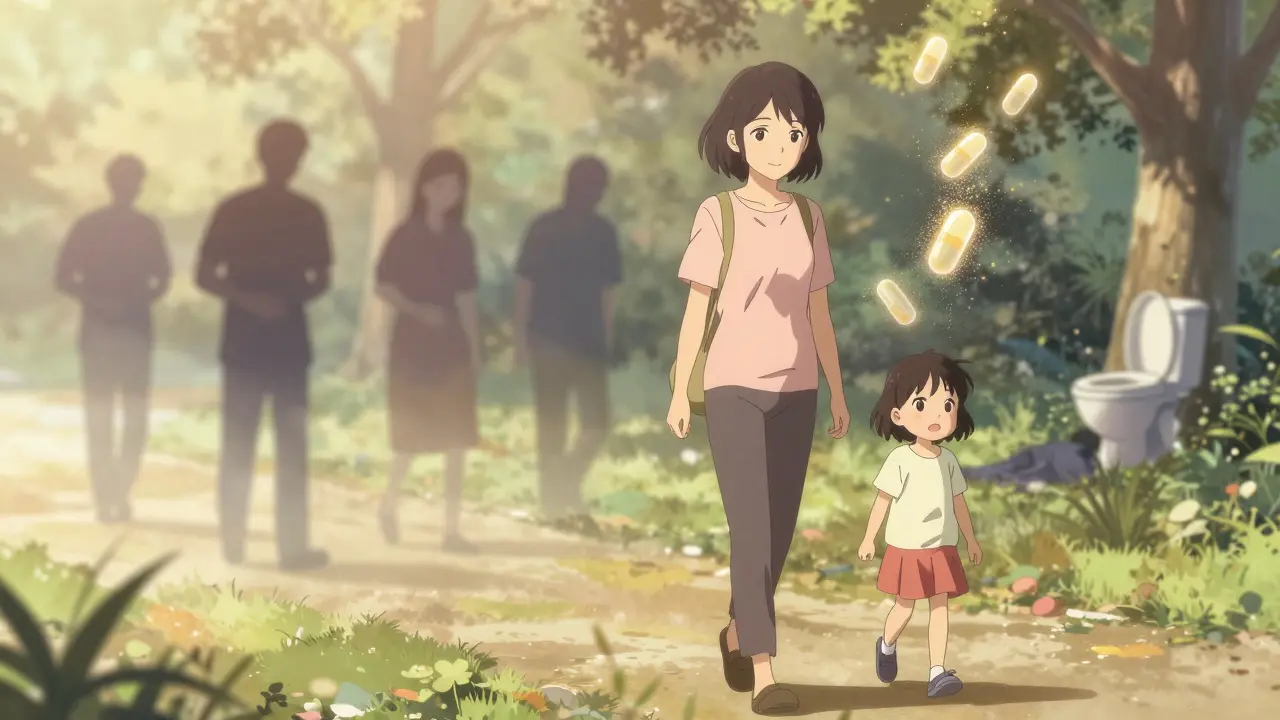 A woman walks happily in a park as golden budesonide particles dissolve around her, leaving past suffering behind.