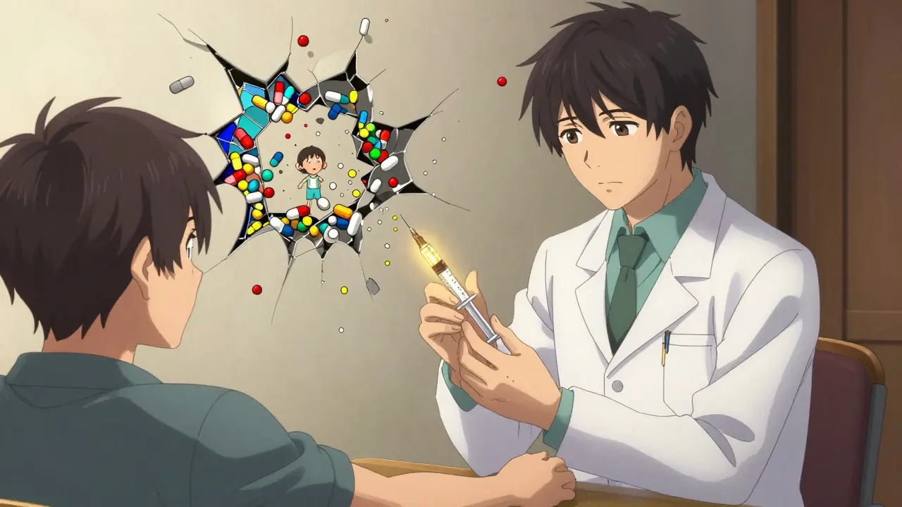 Allergist administering a test as shattered drug class labels dissolve into light around a relieved patient.