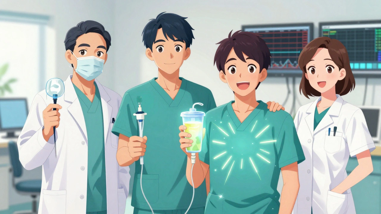 ALS care team supporting patient with mask, feeding tube, and nutrition shake in bright clinic setting.