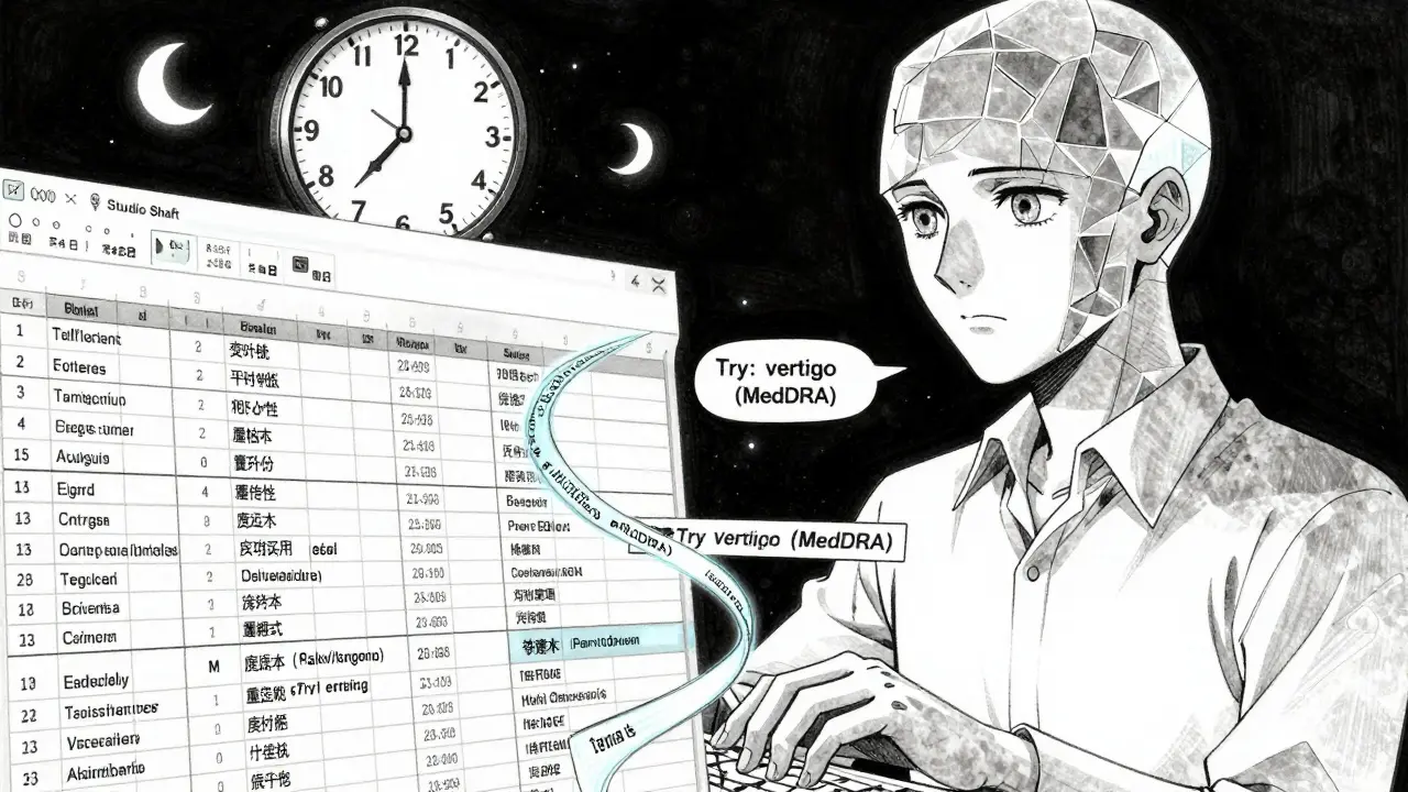 An Excel spreadsheet made of glowing text ribbons, with an AI avatar offering MedDRA search suggestions in a futuristic setting.