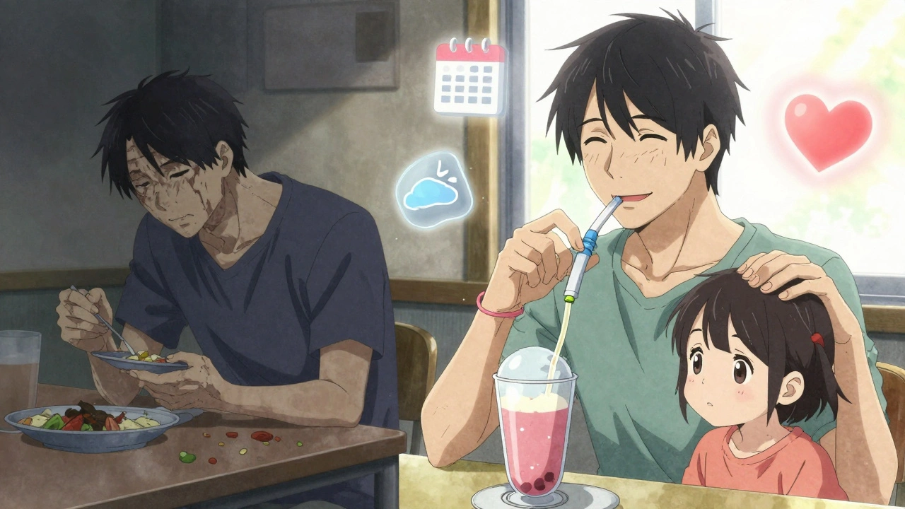 Before and after scene: patient struggling to eat vs. smiling with grandchild while using PEG tube.