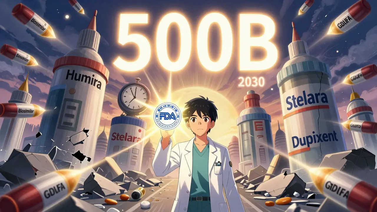 Brand-name drug monoliths crumbling under generic missiles as a pharmacist holds an FDA seal glowing with 0B.