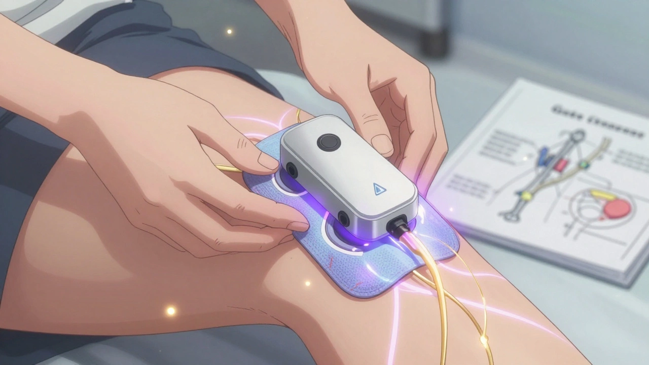 Close-up of TENS electrodes on a knee with glowing nerve pathways and energy waves.